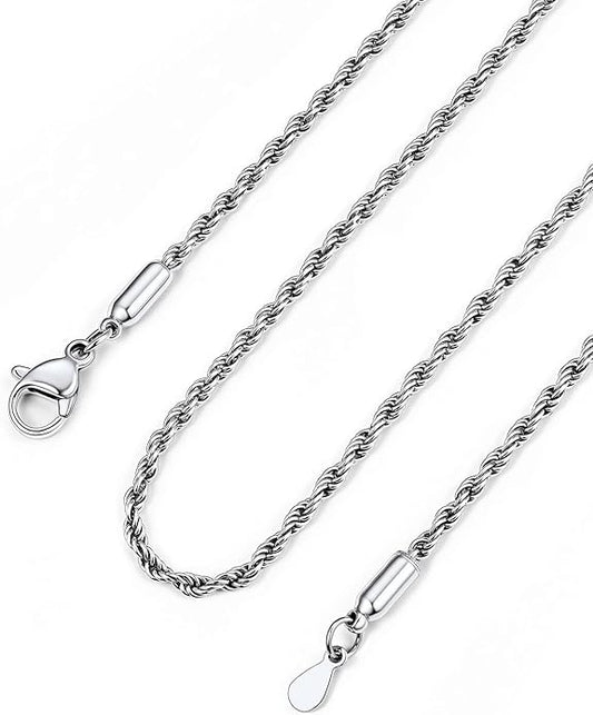 Bandmax Solid 1.5mm/2mm/3mm/6mm Rope Chains for Men Women 14K Gold Plated/Black Plated Stainless Steel Twist Chain 16-30 Inches, with Gift Box