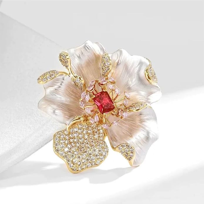 Rhinestone White Peony Brooch Pin - Gold Plated | Ideal Gift for Mom & Wife on Thanksgiving Day, Birthdays & Weddings