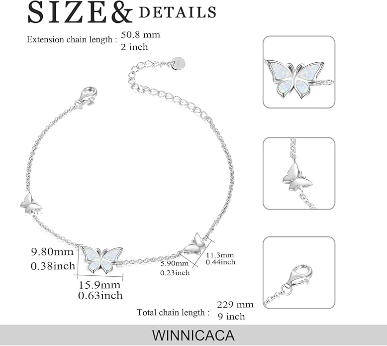 WINNICACA Sterling Silver Butterfly Bracelet Anklet Created Opal Butterfly Jewelry Gifts for Women Birthday Christmas Day Gifts