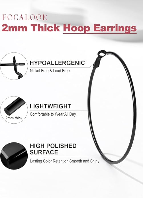 FOCALOOK 14K Gold Plated Lightweight Large Hoops| 2mm Thin Hoop Earrings for Women 30/40/50/70/100mm