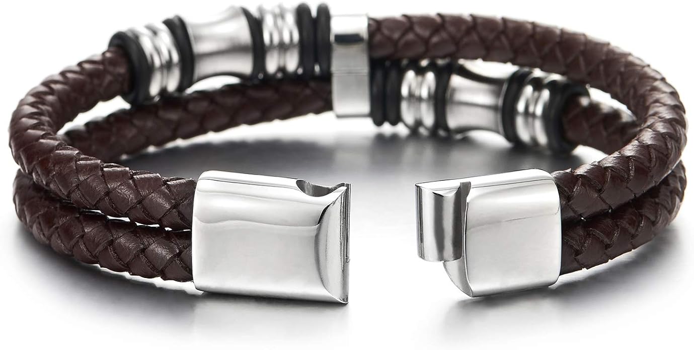 COOLSTEELANDBEYOND Mens Double-Row Braided Leather Bracelet Bangle Wristband with Stainless Steel Ornaments