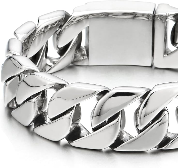 COOLSTEELANDBEYOND Mens Stainless Steel Large Curb Chain Link Bracelet Solid Curb Chain Wristband Biker Punk Jewelry Masculine Accessory