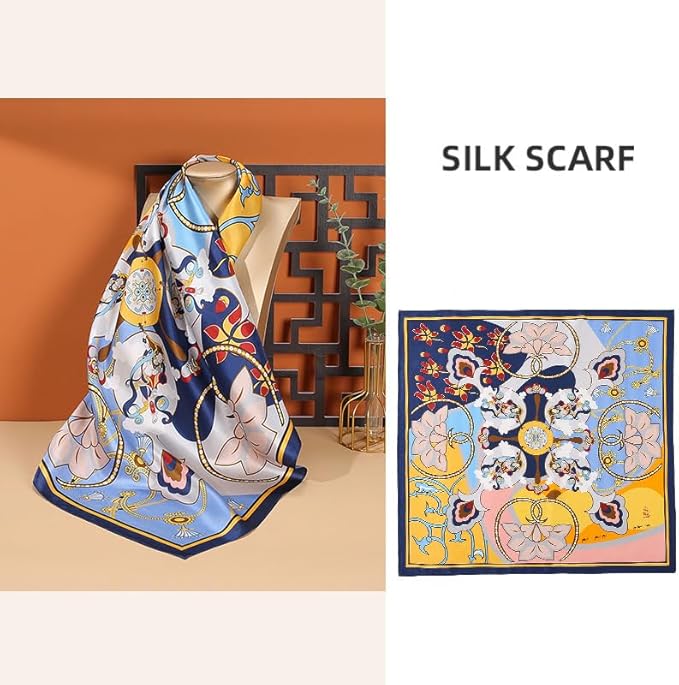 ANDANTINO 100% Pure Mulberry Silk Small Square Scarves -21'' x 21''- Digital Printed Neckerchief –Women Men Lightweight Scarf