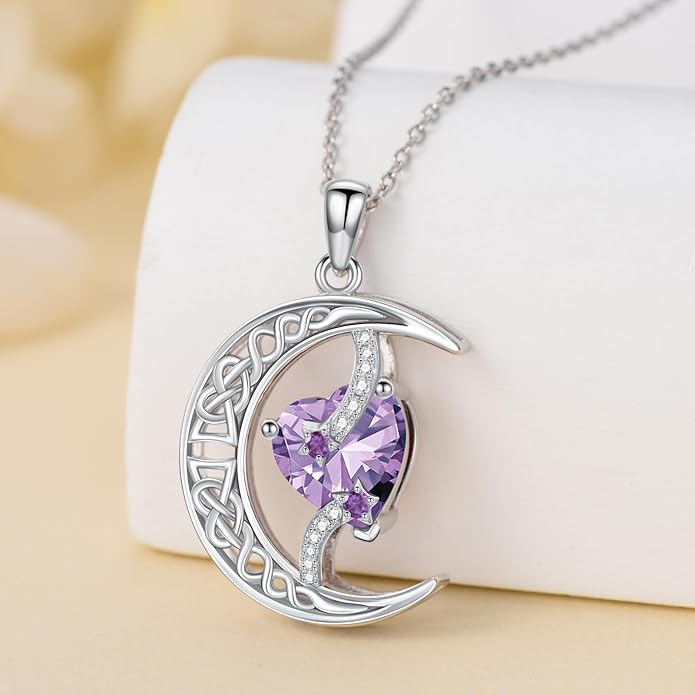 TOUPOP Moon and Star Birthstone Necklace for Women 925 Sterling Silver Celtic Moon Jewelry Birthday Christmas Gifts for Her Girlfriend