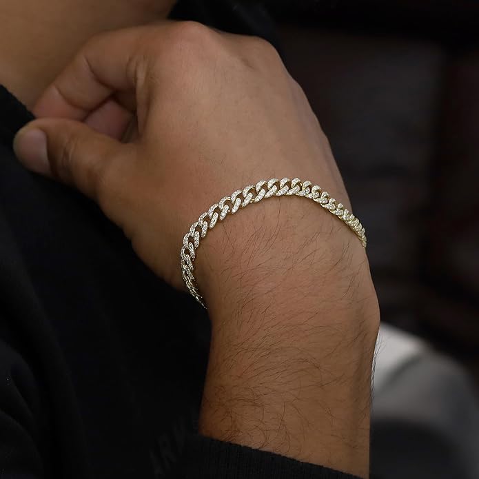 SAVEARTH DIAMONDS Round Lab Created Moissanite 6MM Width Cuban Chain Bracelet For Men In 14k Gold Plated 925 Sterling Silver (VVS1 Clarity, 2.70 Ct-3.00 Ct), Gift For Him