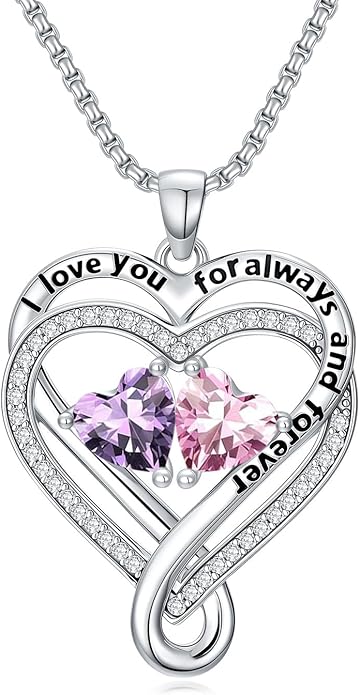 I Love You for Awlays and Forever Double Heart Necklace with Birthstone, 2 Birth Stone Jewelry Anniversary Valentines Mothers Day Christmas Birthday Gifts for Women Her Wife Girlfriend Mom Mother