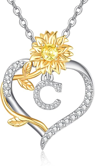 AENEAS Sunflower Initial Necklace for Women Gold Plated Sterling Silver Letter Heart Pendant Jewelry Gift for Mom Wife Birthday Anniversary Christmas