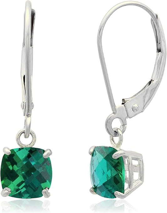 Solid 10K Gold Cushion Cut Dangle Gemstone Earrings for Women | 6mm Gemstone Birthstone Earrings | Checkerboard 10 Karat Gold Dangle Drop Leverback Earring for Women by MAX + STONE