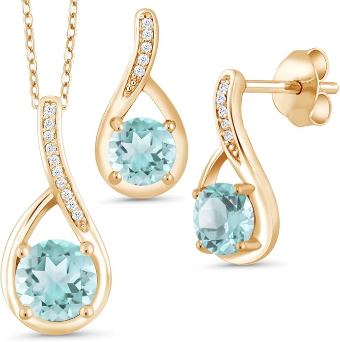 Gem Stone King 18K Yellow Gold Plated Silver Round Gemstone Birthstone and Diamond Pendant Earrings Jewelry Set For Women | Round 6MM and 5MM | With 18 Inch Chain