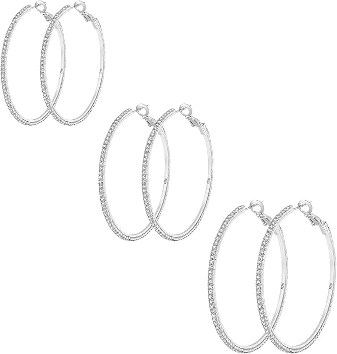 925 Sterling Silver Earrings Large Rhinestone Hoop Earrings Big Cubic Zirconia Hoop Earrings Thin Rhinestones Round Hoop Earrings for Women 20/30/40/50/60/70mm Sparkly Hoops With Crystals for Womens