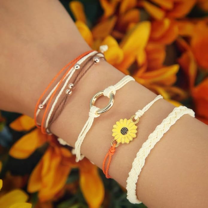 FANCY SHINY Sunflower String Bracelet Boho Braided Rope Wrap Bracelets Cute Summer Beach Surfer Jewelry for Women