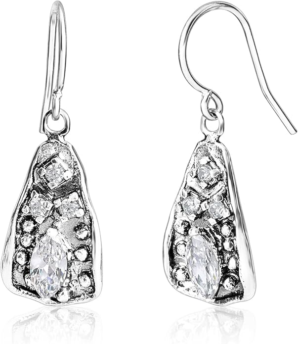 925 Sterling Silver Dangle Earrings for Women - Triangle Shield with Cubic Zirconia Vintage Design - Hypoallergenic, Lead & Nickel Free - Artisan Handcrafted Statement Earrings by Jean Rachel Jewelry