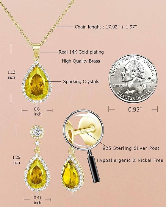 REASAYLL Jewelry Sets For Women 925 Sterling Silver Post Teardrop Dangle Stud Earrings Necklace Set Crystal Rhinestone Wedding Prom Costume Jewelry for Women