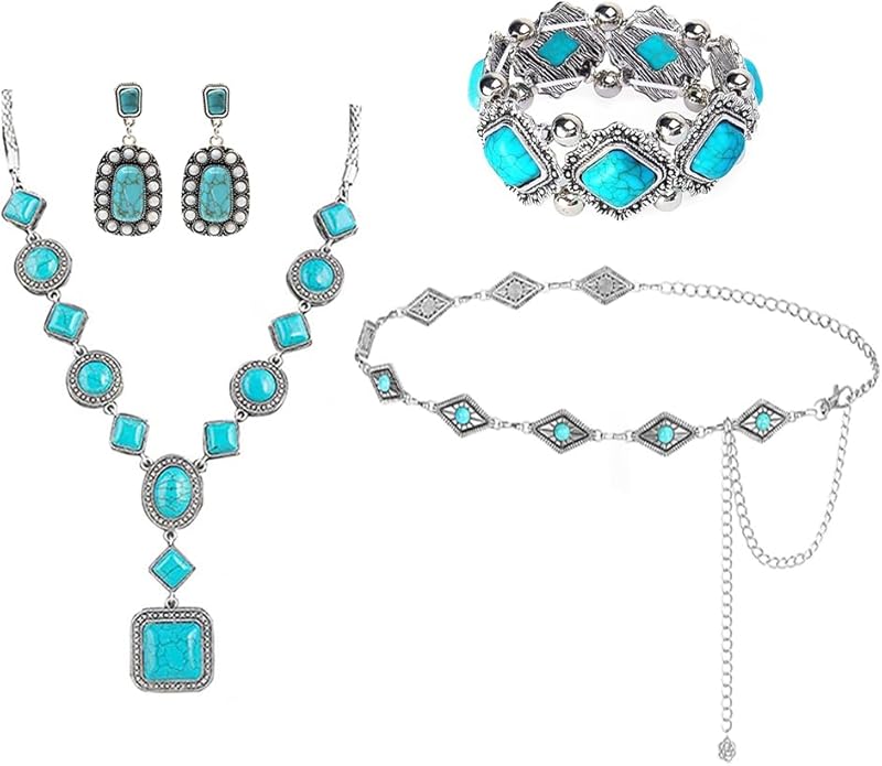 Bohemian Turquoise Necklace Set - Women's Western Jewelry with Long Choker, Pendant, Dangle Earrings, Layered Bracelets