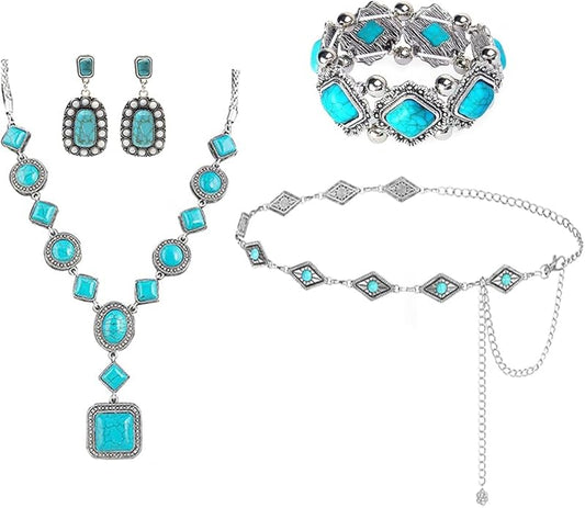 Bohemian Turquoise Necklace Set - Women's Western Jewelry with Long Choker, Pendant, Dangle Earrings, Layered Bracelets
