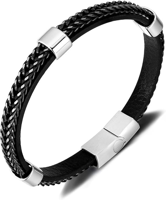 Italian Handmade Genuine Leather Bracelets for Men Stainless Steel Clip, Men's Casual Genuine Multi-layer Cuff Bracelet, Bracelet Gift for Real Men