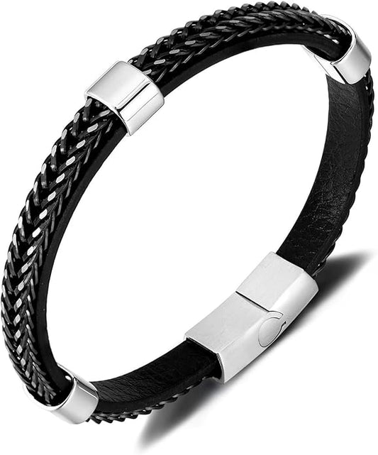Italian Handmade Genuine Leather Bracelets for Men Stainless Steel Clip, Men's Casual Genuine Multi-layer Cuff Bracelet, Bracelet Gift for Real Men