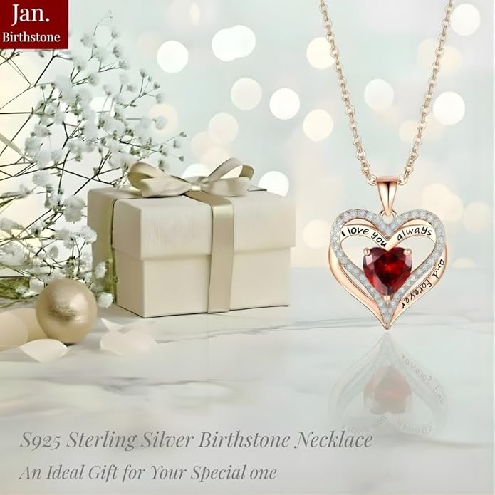Birthstone Heart Necklace for Women Wife Girlfriend Mom Daughter Gifts S925 Silver Jewelry For Anniversary Rose Gold Gifts For Birthday Christmas Mothers Valentines Day