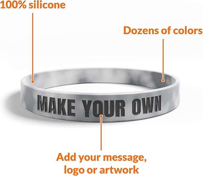 Custom Wristbands For Events, Fundraisers & Promotions | Add Text, Icons, & Logos | Bulk Rubber Bracelets | Classic 1/2” | 100% Silicone