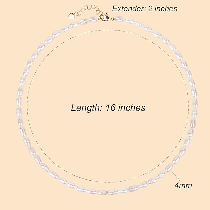 14K Gold Plated Freshwater Pearl Necklaces for Women Teens Dainty Small 4mm Adjustable Chain 16+2" Oval Rice Real Pearl Strand Necklace Pearl Accessories Jewelry Gifts