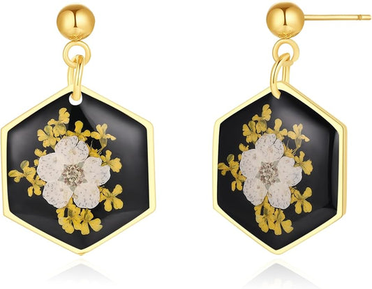 Forget-Me-Not and Queen Anne's Lace Pressed Wildflower Earrings | Pressed Flower Earrings | Handmade Drop and Dangle Earrings | Gift for Woman