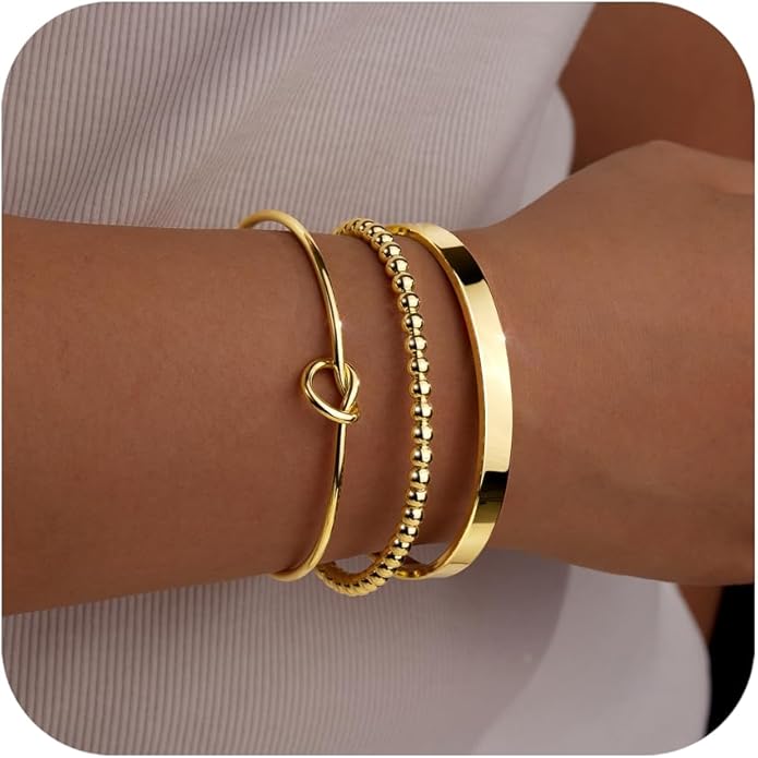 Silver Bracelets for Women Stack, Silver or Gold Plated Cuff Bangle Set, Trendy Silver Jewelry for Women Fashion
