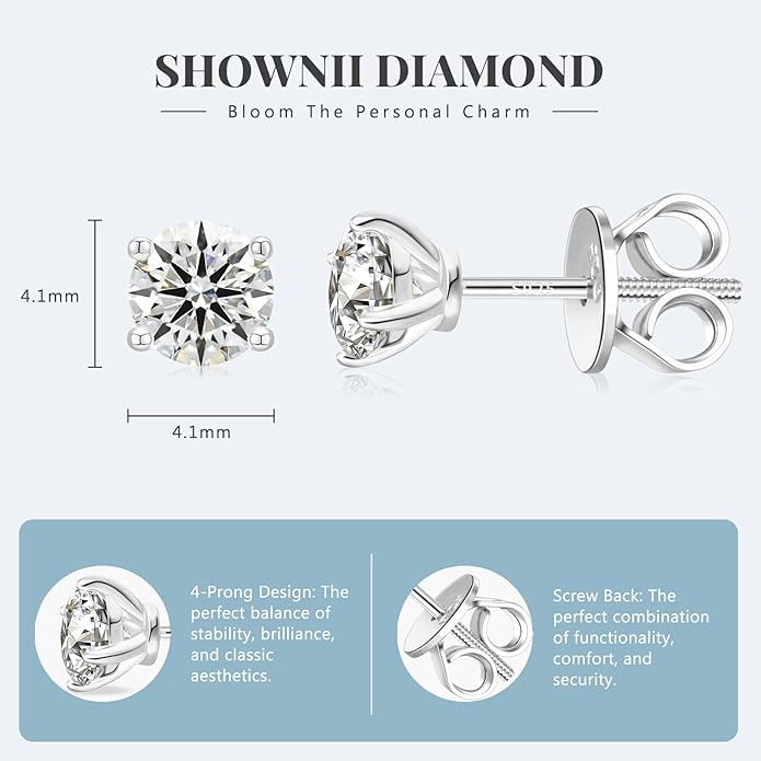 SHOWNII Diamond 4-Prong Lab-Grown Diamond Stud Earrings for Women 0.5CT 1CT 14K Gold Plated S925 Sterling Silver Screw Back Earrings(I-J Color, S1-VS2 Clarity)