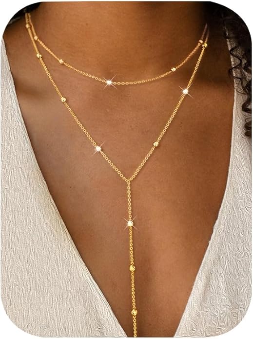 iF YOU Lariat Gold Long Necklaces for Women Trendy, Dainty 14K Gold Plated Drop Chain Necklace, Layered Rosary Beaded Y Necklaces Simple Fashion Jewelry Gifts