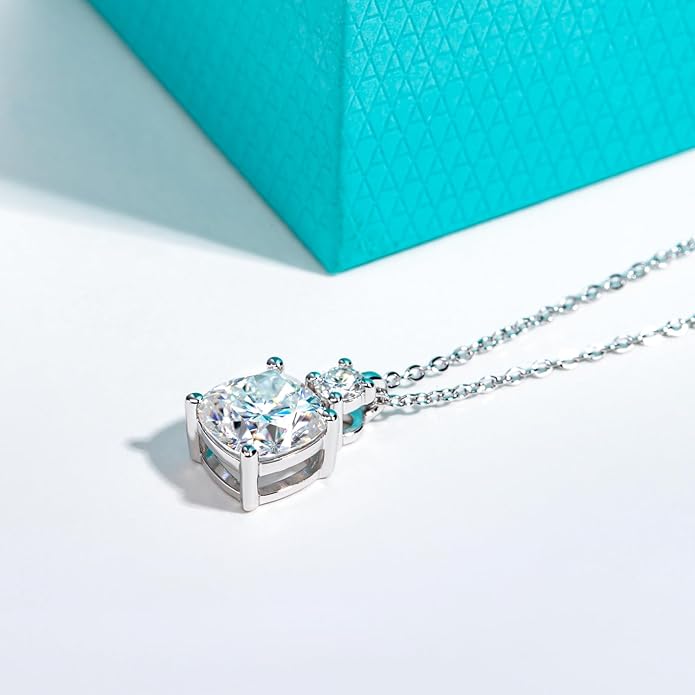 AnuClub Cushion Cut Moissanite Pendant Necklace D Color VVS1 925 Sterling Silver Refined Daily Necklace for Women with Certificate, 40+2+3cm Adjustable Chain