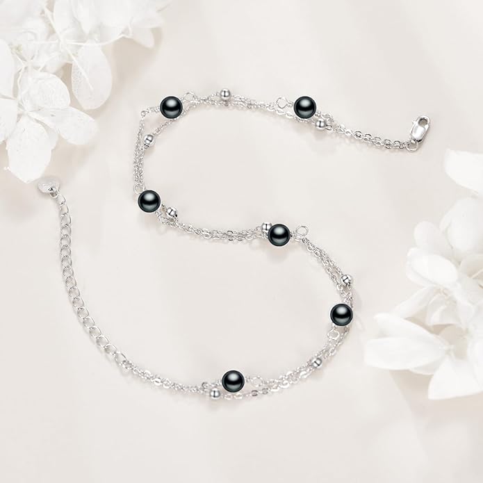 CRMAD Pearl/Moonstone/Larimar/Turquoise/Opal/Black Onyx Bracelet Anklet for Women Sterling Silver Beach Jewelry Gift for Women