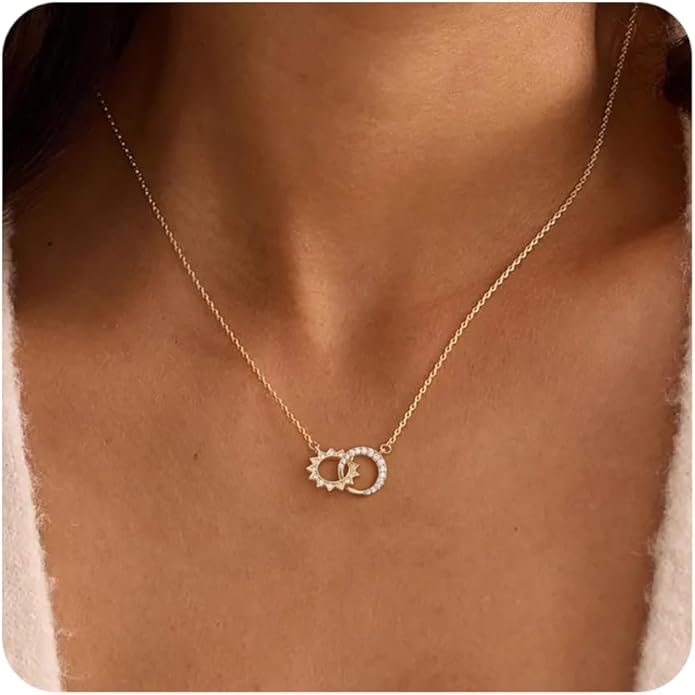 Gold Necklace for Women, Dainty 14K Gold Plated Pendant Necklaces for Women Trendy Simple Choker Chain Cubic Zirconia Circle/Interlocking/Sun Necklace Fashion Jewelry Birthday Christmas Gift