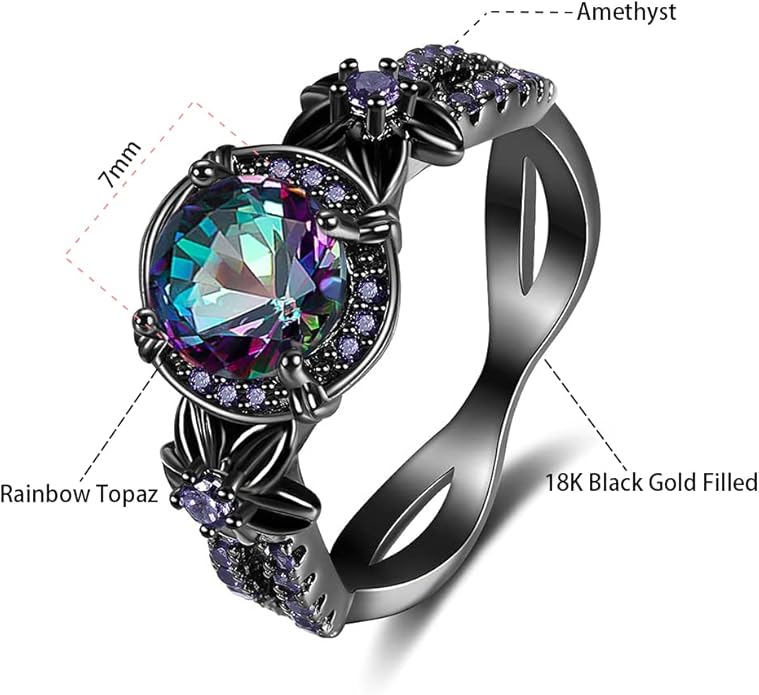 Gothic Black Rings for Women, Mystic Rainbow Topaz with Created Amethyst Flower Goth Black Gold Wedding Engagement Ring Size 6 to 11