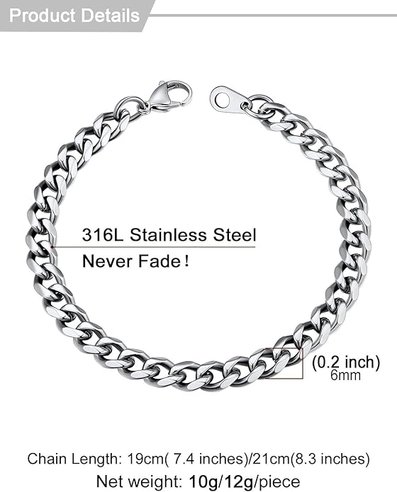 U7 Link Bracelets for Men, Cuban Link/Rope/Watch Band Solid Bracelet, Silver Black Gold Color Wrist Bracelet 3/6/9/12/15mm Width, 6.5/7.5/8.3 Inch Length, Hand Chain Jewelry for Mens Women