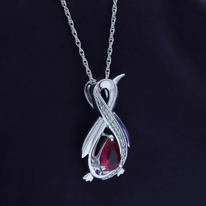 Infinity Penguin Pendant Necklace for Women, 14K Gold Over Sterling Silver with Pear & Round Cut Simulated Birthstone & White Diamond Accents, Dainty Animal Jewelry Gift with 18" Chain