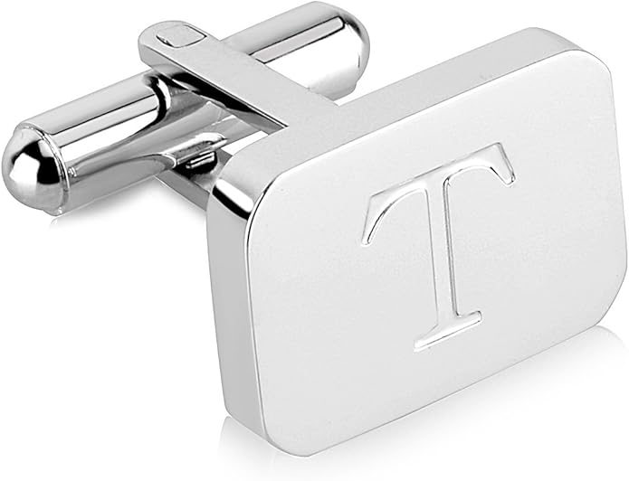18K White-Gold Plated Initial Engraved Stainless Steel Men’s Cufflinks With Gift Box -Personalized Alphabet Letter’s A-Z By Lux & Pair