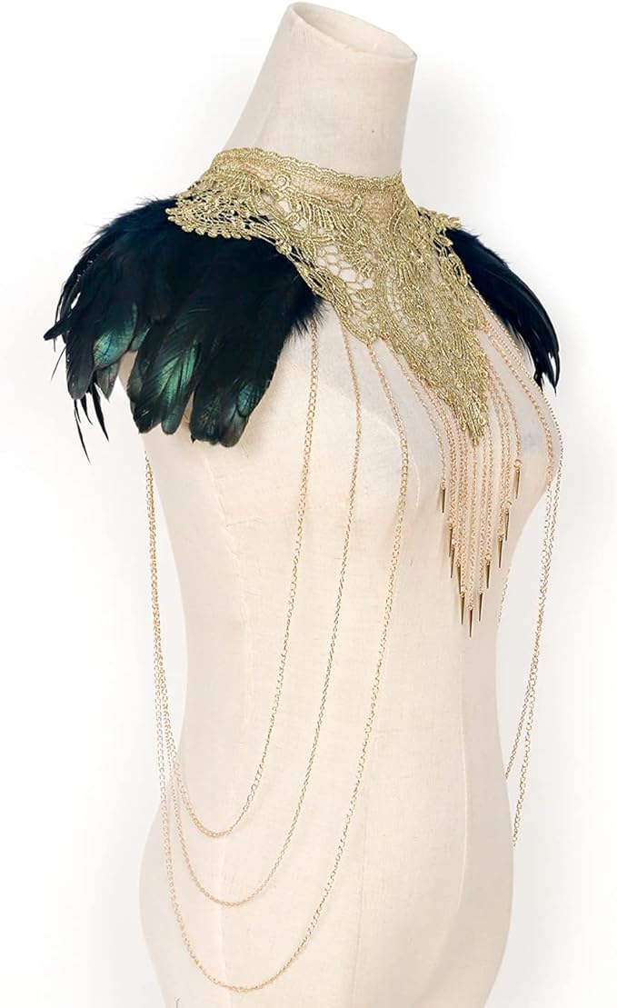 L'VOW Real Black Feather Harness Lace Collar Necklace Bib Halloween