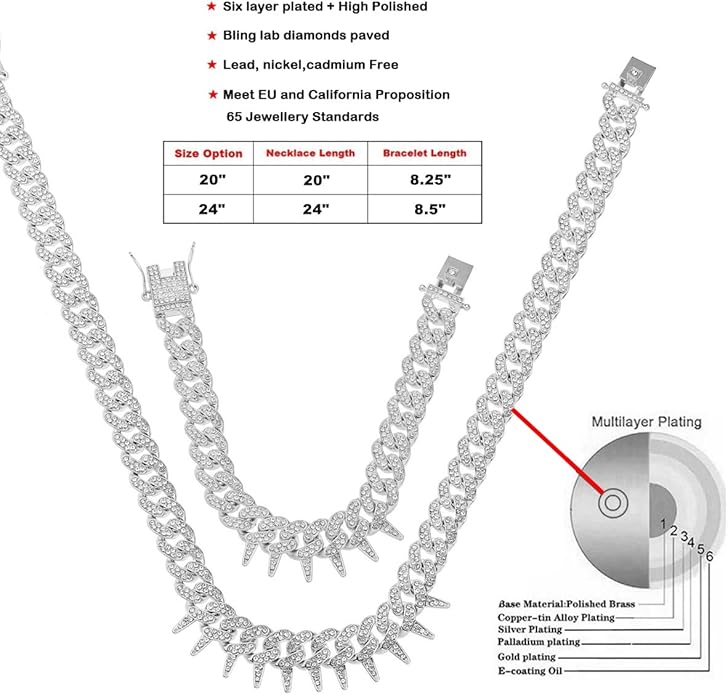 HH BLING EMPIRE Mens Gold Silver Plated Spike Cuban Link Chain Necklace and Bracelet Sets, Chunky Iced Out Diamond Miami Cuban Link Chains Hip Hop Jewelry
