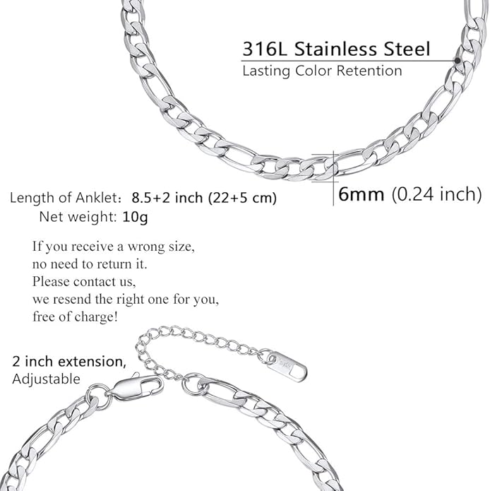 PROSTEEL Stainless Steel Chain Anklets for Women, Silver/Gold Tone, Ankle Bracelets Hypoallergenic, 8-10.5 Inch Adjustable, Come with Box