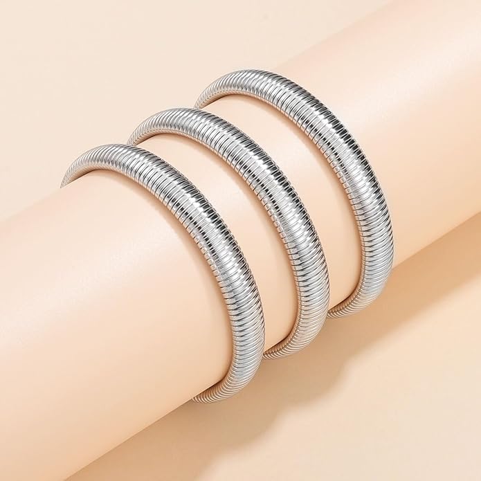 Emibele Gold Bangles Bracelet Set for Women, 18K Gold Plated Chunky Stainless Steel Non Tarnish Stretch Bracelet Stack, Flexible Wide Wristband Bangle Layered Snake Chain Bracelets