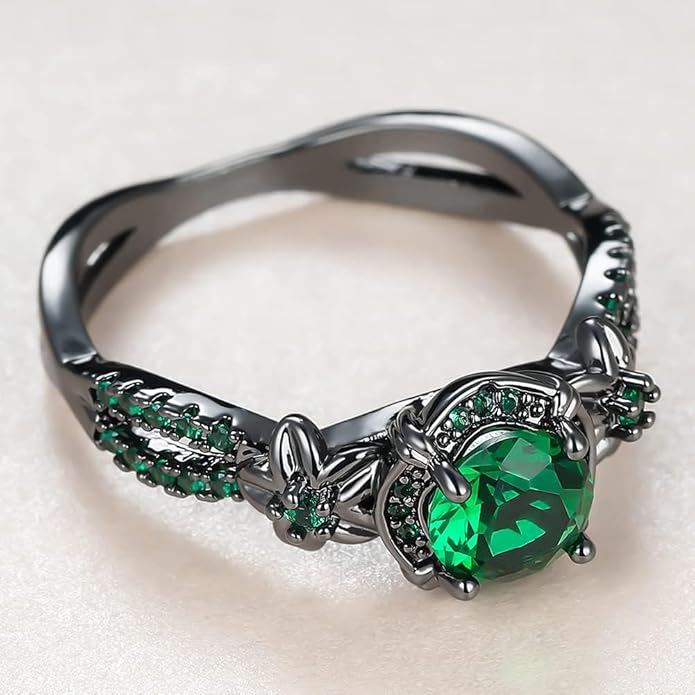 Gothic Black Rings for Women, Mystic Rainbow Topaz with Created Amethyst Flower Goth Black Gold Wedding Engagement Ring Size 6 to 11