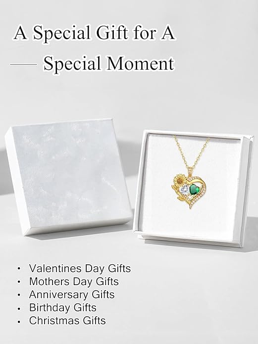 Sunflower Heart Necklace for Women 14K Gold Exquisite Anniversary Birthday Gifts for Wife Mother Her Double Birthstone Pendant jewelry‘You Are My Sunshine’