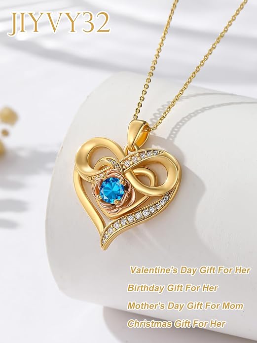 Infinite Heart Birthstone Necklaces for Women Gold Plated Pendant Wedding Anniversary Birthday Gift for Wife Her Mom Grandma Daughter Jewelry with Round Birthstone