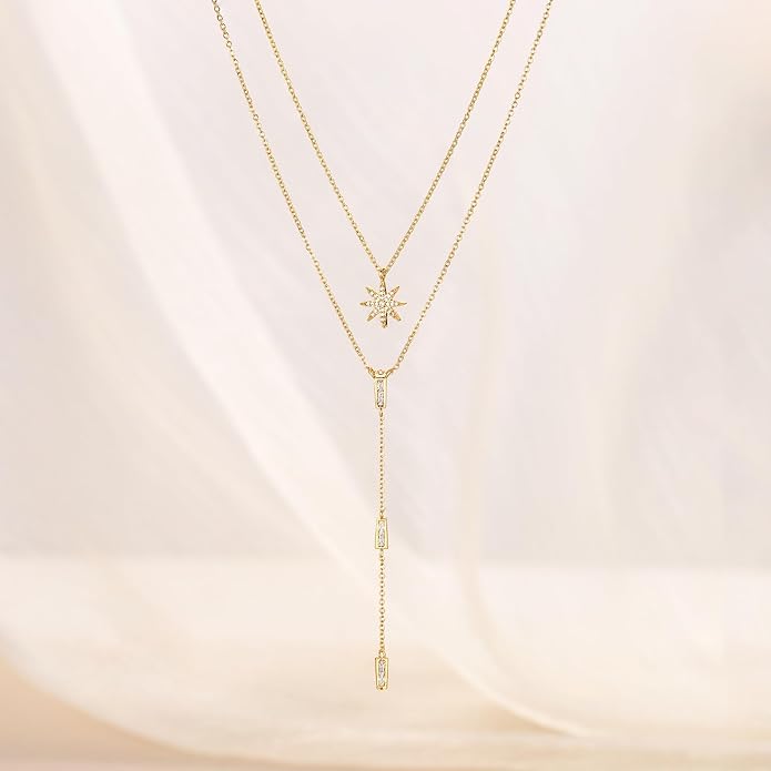 CHESKY Lariat Gold Necklace for Women Trendy, Dainty Long Necklace 14k Gold Plated/Silver Y-Shaped Pendant Necklace Layered Cz Beaded Chain Drop Necklaces Simple Gold Jewelry For Women Gift