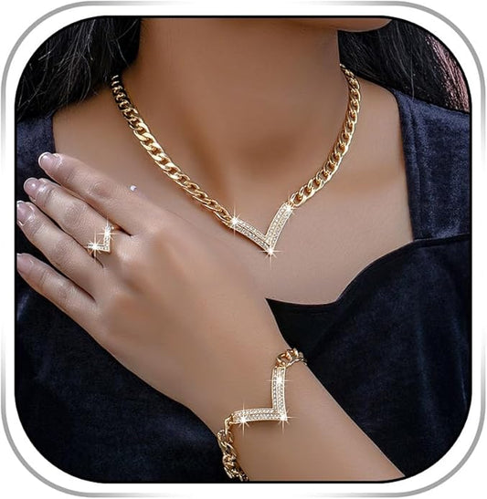 Dmaiy Gold Rhinestones Necklace Set Punk Crystal Bracelet Sets Geometric V-shape Necklace Bridal Ring Set for Women
