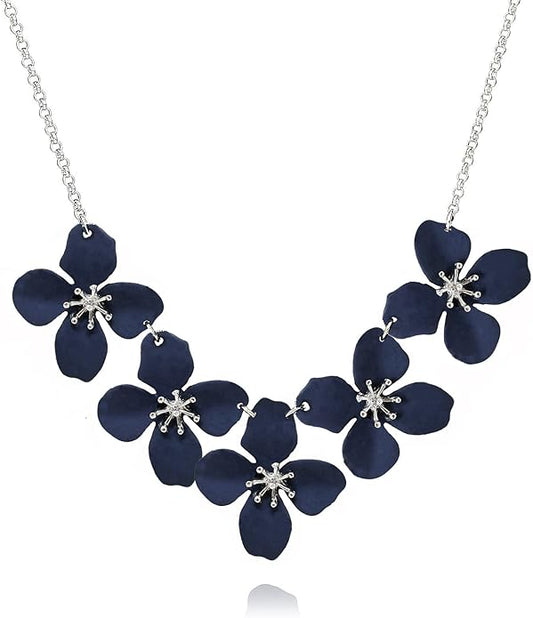 POMINA White Flower Statement Necklace for Women, Floral Bib Collar Necklace with Adjustable Chain, Flower Earrings, Elegant Costume Jewelry for Weddings, Gifts for Women