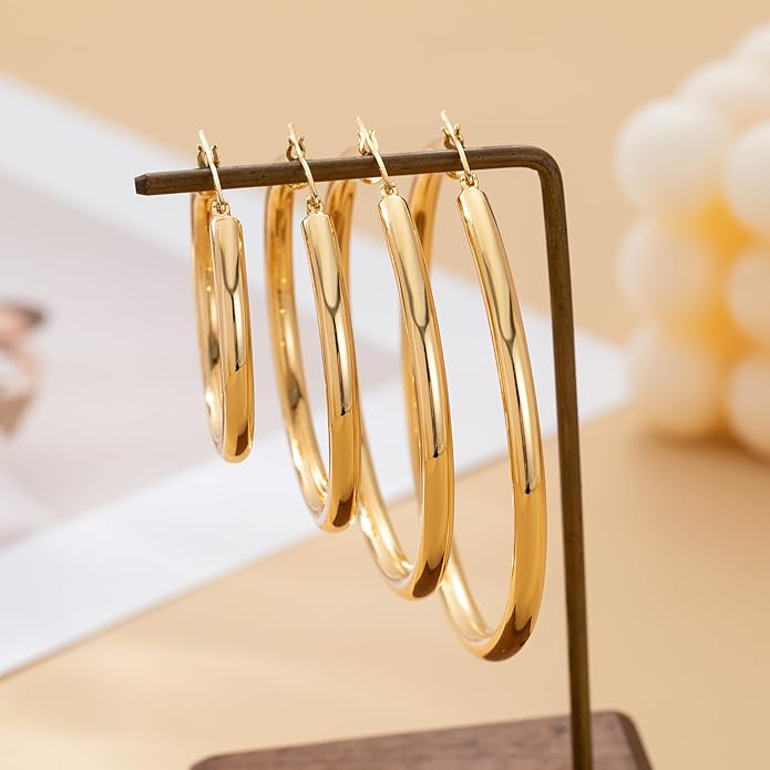 4mm Thick Gold Chunky Earrings Steling Silver Post Hoops Earrings For Women Hollow Tube Hoops Earrings Thick Gold Hoop Earrings Hypoallergenic Lightweight Gold Hoop Large Earrings 20/30/40/50/60MM
