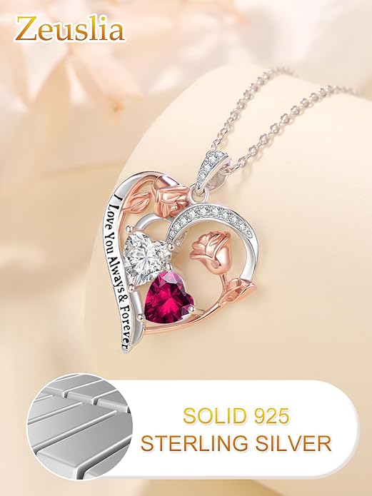 Zeuslia Double Birthstone Necklace Gifts for Wife - 925 Sterling Silver Sunflower/Rose/Crown Cross/Compass/Heart Pendant I Love You Necklace, Anniversary Birthday Gifts for Wife Girlfriend Mom Her