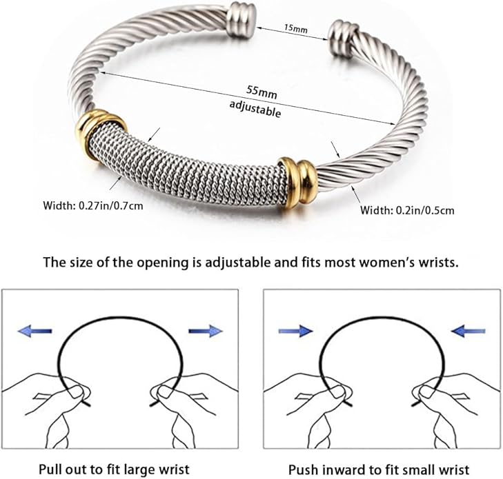 Twisted Cable Bangle Bracelet for Women Gold Plated Lightweight Adjustable Open Cuff Vintage Chunky Jewelry Gift for Her Mom Sister Birthday Christmas