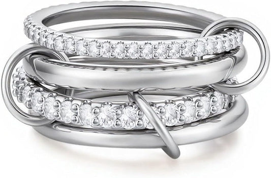 14K Gold Plated Interlocked Stackable Rings for Women Non Tarnish,Gold and Silver Cubic Zirconia Statement Rings Set,Mixed Metals Ring Two-Toned Connected Bands Stacking Jewelry