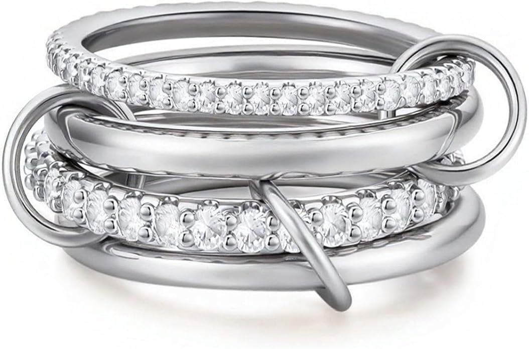 14K Gold Plated Interlocked Stackable Rings for Women Non Tarnish,Gold and Silver Cubic Zirconia Statement Rings Set,Mixed Metals Ring Two-Toned Connected Bands Stacking Jewelry